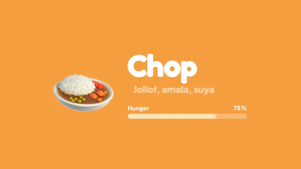 Lagos Life in-game Chop card listing jollof, amala and suya with the hunger bar at 75%